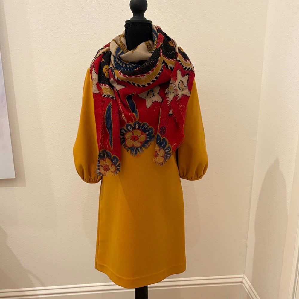 Tory Burch Wool Scarf w/ Ann Taylor Mustard Balloon Sleeve Dress Bundle